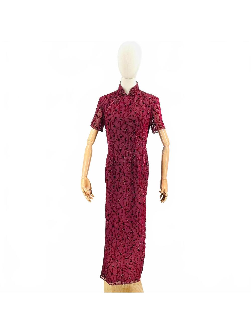 Vintage 90s Burgundy Burnout Velvet Cheongsam Maxi Dress